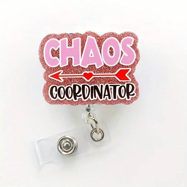 1pc Pink "Chaos Coordinator" Acrylic Telescopic Badge Scroll With Heart And Arrow Design - Perfect For Teachers, Doctors, And Nurses; White Lanyard For An Office Gift.