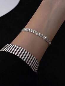 SYMFNY Minimalist Wide Band 925 Sterling Silver Basic Chain Bracelet - Silver - View 2