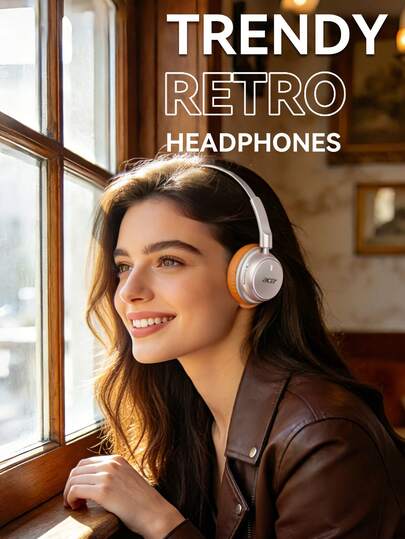 Acer Genuine OHR645 Wireless Headphones, Retro Fashion, V6.0, Spatial Surround Hi-Fi Audio, Soft Pressure-Relieving Ear Pads, Adjustable Headband, Long Battery Life, Type-C Fast Charging