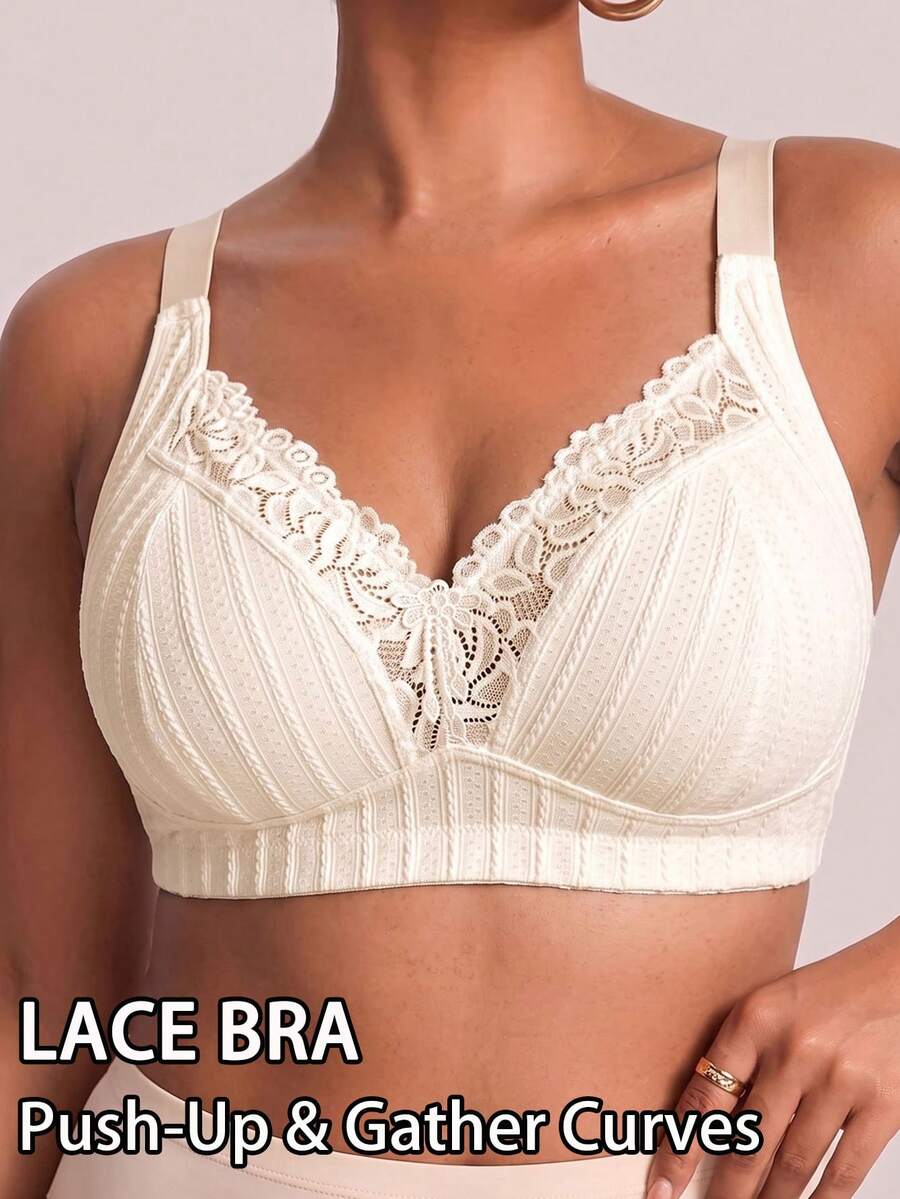 1pc Casual Comfortable Minimalist Plus Size Women's Bra With Lace Patchwork, Wire-Free Soft Comfortable Lingerie - Apricot - View 1