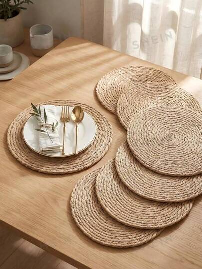 4/6pcs Woven Placemats, Round Rattan Placemats, Natural Hand-Woven Water Hyacinth Placemats, Farmhouse Woven Placemats, Rustic Woven Wicker Table Mats, For Dining Table, Home, Wedding