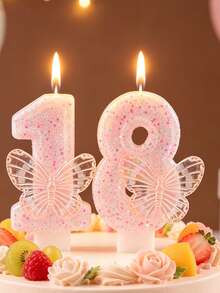 1pc Numeric Birthday Candle, Butterfly Birthday Cake Candle, Pink Glitter Cake Decor, Suitable For Girls And Women Anniversary Celebration - Pink - View 7