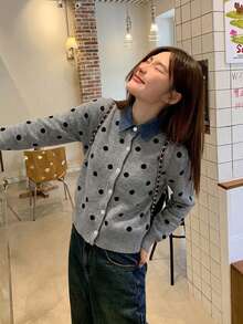 Polka Dot 2 In 1 Denim Patchwork Polo Collar Knit Sweater Cardigan - Grey - View 8