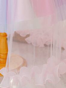 Iridescent Gradient Tween Girl Flower Girl Long Dress, Off-Shoulder 3D Ruffle Princess Gown With Front Slit, High Waist Satin Bow Colorblock Fluffy Tulle Skirt For Girls Wedding, Baptism, Party, Performance - Baby Pink - View 5