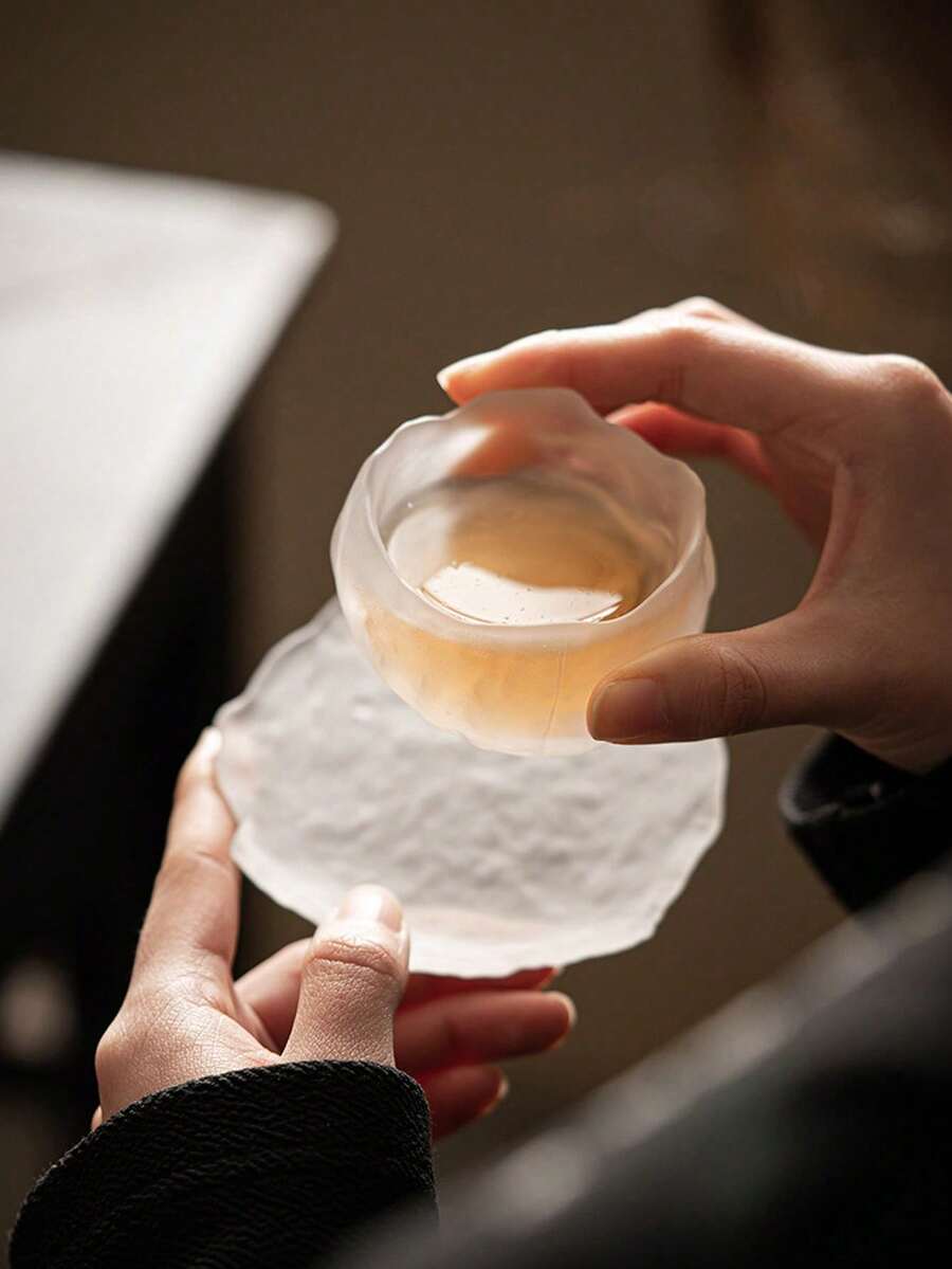 1 Set Minimalist & Premium Tea Ware: Unique Mini Frosted Glass Ice-Crackle Tea Cup With Tea Saucer, Tea Set, Tasting Cup With Tea Saucer, Coaster - Multicolor - View 1