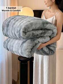 1pc New Printed Bubble Fleece Blanket - Ultra Soft & Skin-Friendly, Perfect For Living Room, Bedroom, Office, Study, Guest Room, Sofa And Car Travel - Textured Design, Machine Washable, Comfortable All Seasons - Ink Wash Painting - Gray - View 1