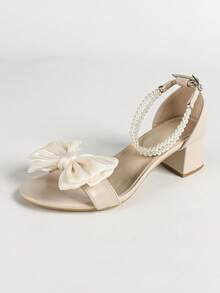 Women's Pearl Chain Bow Decor Satin White 5cm Chunky Heel Sandals, Versatile For Multiple Occasions, Summer - Apricot - View 6
