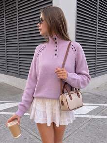 Women's Autumn/Winter New French Style Stand Collar Half-Button Stand Collar Knitted Sweater, Contrast Color Piping Raglan Sleeve Loose Pullover - Pink - View 5