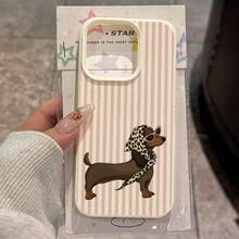 1pc TPU Material Pink Striped Fashionable Dachshund Pattern Phone Case Compatible With IPhone 17 Pro Max/17/16 Pro Max/15/13/12/11/ S20 FE/A15/S24/A55/ Note 11/Note 12/Note 13 Pro Full Coverage Anti-Drop Soft Shell Phone Protective Cover - White - View 1