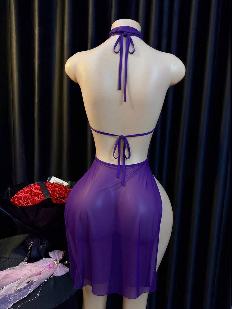 Sexy Backless Halter Neck Lingerie Dress With Neck Collar For Role Play - Purple - View 2