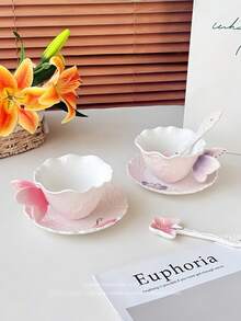 Hand-Painted 3D Butterfly Ceramic Tea Cup And Saucer Set, Butterfly Spoon, Embossed Pink Coffee Cup, Elegant Afternoon Tea Tableware, Home Cafe Decor, Birthday Gift, Housewarming Gift - Multicolor - View 7
