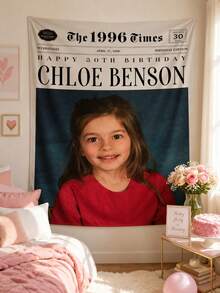 Customized Newspaper Photo Wall Hanging, Personalized Birthday Wall Decor, Vintage Newspaper Style Fabric Poster, Customized Name Photo And Date Banner, Vintage Party Backdrop, Unique Birthday Gift For Adults, Family And Friends - Multicolor - View 6