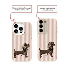 1pc TPU Material Pink Striped Fashionable Dachshund Pattern Phone Case Compatible With IPhone 17 Pro Max/17/16 Pro Max/15/13/12/11/ S20 FE/A15/S24/A55/ Note 11/Note 12/Note 13 Pro Full Coverage Anti-Drop Soft Shell Phone Protective Cover - White - View 7