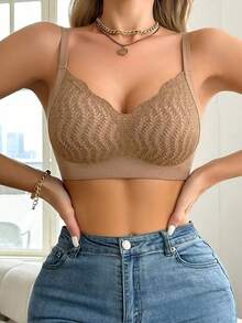 1件女款軟支撐內衣，提拉聚攏、防下垂、側乳平滑、無縫、無鋼圈、固定罩杯內衣 - 卡其色 - 查看 5