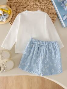 2pcs Baby Girl Fresh Soft 3D Bow Long Sleeve Top & Skort Set, Lightweight Spring/Autumn - Baby Blue - View 4