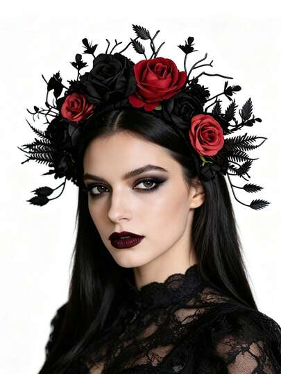 1 Piece Black Burgundy Artificial Rose Bridal Tiara Headband,Black Gothic Headpiece,Vintage Floral Wedding Hair Crown,For Prom,Party,Halloween Costume