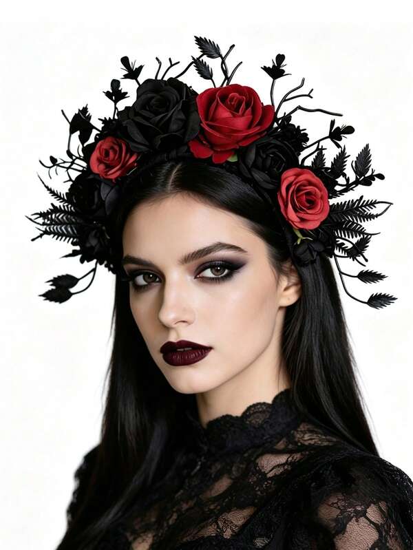 1 Piece Black Burgundy Artificial Rose Bridal Tiara Headband,Black Gothic Headpiece,Vintage Floral Wedding Hair Crown,For Prom,Party,Halloween Costume