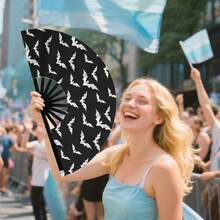 Black & White All-Over Bat Print Large Folding Clapper Fan, Gothic Halloween Party Music Festival Outfit Handheld Decorative Fan - Multicolor - View 3