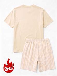Men's Summer Crew Neck Casual T-Shirt And Casual Shorts Loungewear Set - Apricot - View 7