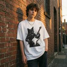 Black Cat Electric Guitar T-Shirt, Rock Music Cat Tee, Musician Gift - 白色 - 查看 1