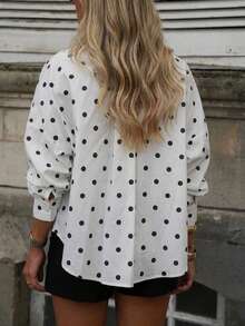 Women's V-Neck Fashion White Polka Dot Contrast Color Long Sleeve Collared Shirt, Suitable For Autumn Daily Wear - White - View 2