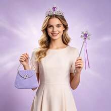 Purple 3-Piece Princess Daily Outfit Set, Includes 1 Fairy, 1 Crown, 1 Handbag, Suitable For Daily Wear,Halloween - Purple - View 6