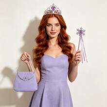 Purple 3-Piece Princess Daily Outfit Set, Includes 1 Fairy, 1 Crown, 1 Handbag, Suitable For Daily Wear,Halloween - Purple - View 4
