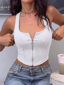 性感時尚百搭日常拉鍊對比色設計緊身女款背心 春/夏新款休閒白色 - 白色 - 查看 2