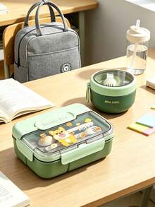 Cartoon PP Material Lunch Box Set, Portable Food Container, Large Capacity Food Storage Box, Student And Office Worker Lunch Box Set - Green - View 2