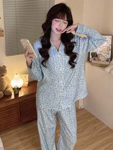 2pcs/Set Women's Sky Blue Leopard Print Open Front Pajamas, Lapel Collar Button Long Sleeve Top And Long Pants Loungewear, Suitable For Autumn/Winter/Spring/Summer - Sky Blue - View 7
