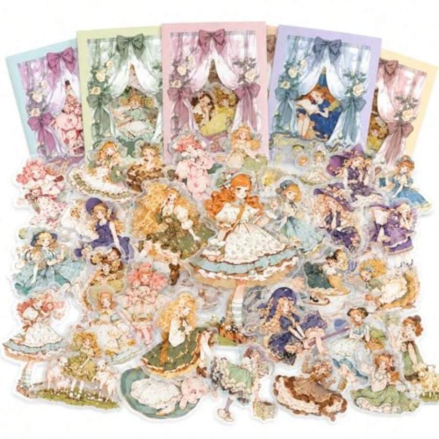 かわいい女の子 フレークシール 120枚 半透明PET レトロガーリー ロリータ風 コラージュ素材 6テーマ 童話風 ステッカー 手帳デコ 日記 アルバム ラッピング DIY - 写真のように - チェックする 1