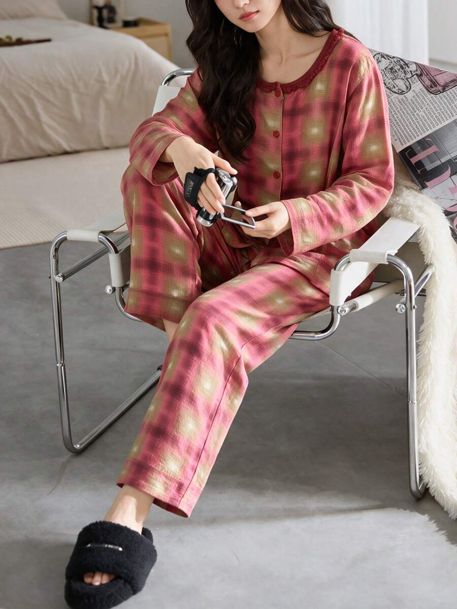 2pcs/Set Women's Pajamas Loungewear, Asymmetrical Print Long Sleeve Pants, Easy Care Fabric - Red - View 1