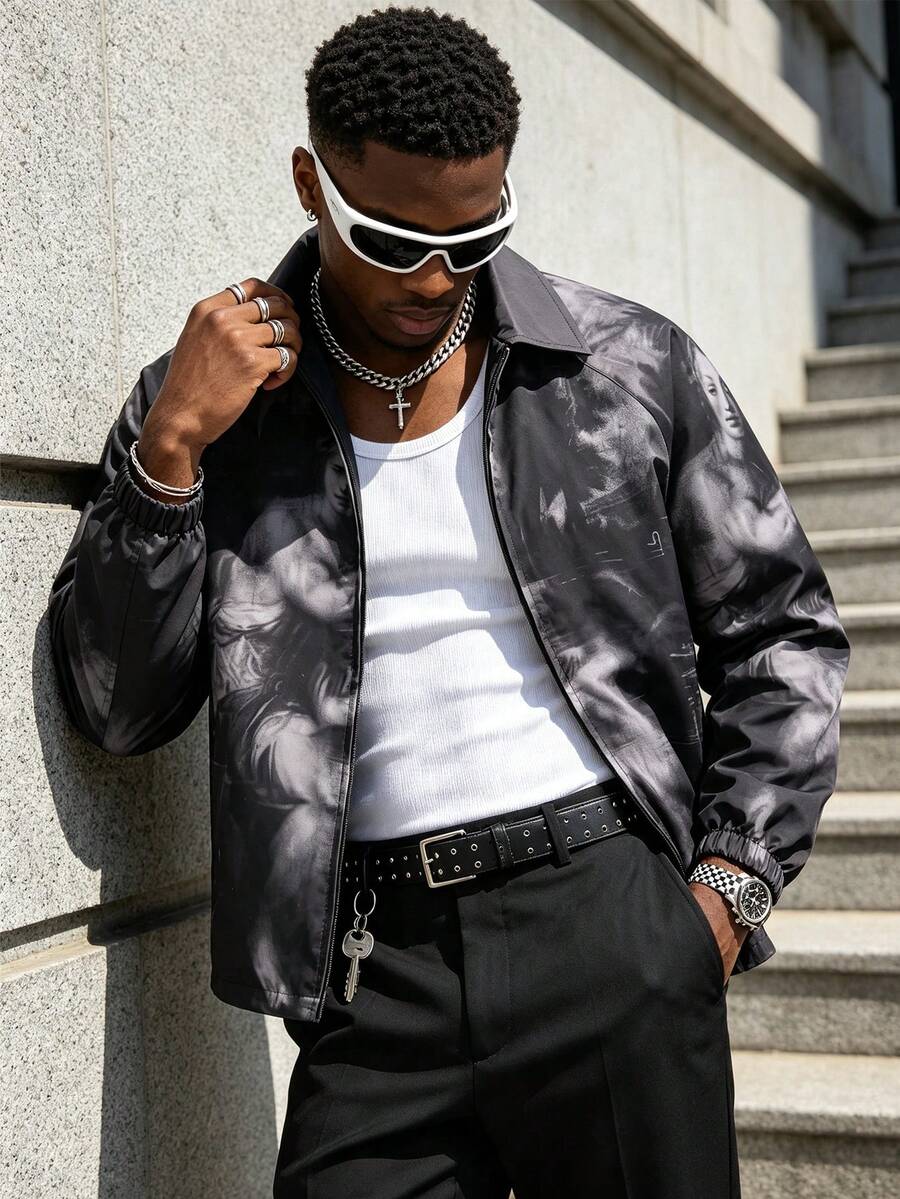 Men's Full Body Artistic Painting Pattern Print Coach Jacket, Lapel Full Zip Elastic Cuffs Loose Fit Streetwear Style Outerwear, Suitable For Spring And Autumn - Black - View 1