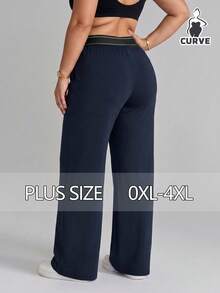 Plus Size Women's Casual Woven Straight Leg Pants, Elastic Waist Design, Medium Stretch Comfortable, Suitable For Daily Wear - Navy Blue - View 3