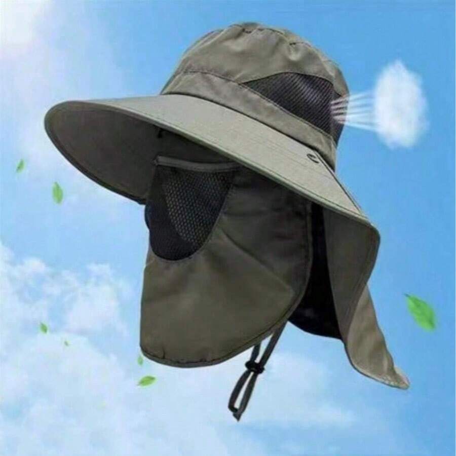 Topi Ember Pelindung Matahari untuk Pria, Topi Hiking Luar Ruangan Musim Panas dengan Masker Wajah yang Dapat Dilepas, Topi Pelindung Matahari UV - Hijau Tentara - View 1