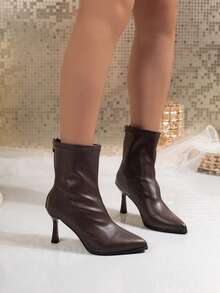 Women's Vintage-Style Color-Block Ankle Boots Featuring A Glossy Finish, Pointed Toe, Kitten Heel, And Back Zipper-A Stylish And Versatile Choice. - Brown - View 2