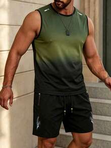 Men's Fitness Gradient Color Sleeveless Tank Top & Side Print Shorts 2 Pieces Sports Set - Multicolor - View 3