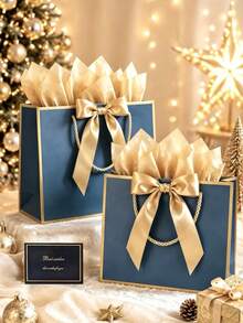 12/8/4pcs Gift Bag Set, Includes 1 Gift Bag, 2 Sheets Of Tissue Paper, 1 Card And 1 Ribbon, Shopping Bag, Packaging Bag With Handle, Decorative Bow Handbag, Suitable For Wedding, Birthday Party, Holiday, Business, Handmade, Retail - Gold Frame With Blue Background - View 2