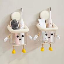 Ins Cute Cartoon No-Drill Wall-Mounted Storage Box, Bathroom Suction Cup Transparent Toiletries Organizer, Electric Toothbrush Comb Skincare Product Layered Storage Rack, Durable Waterproof Material, Suitable For Bathroom Accessories, Toilet, Kitchen, Room Decor, Gift For Friends - Multicolor - View 3