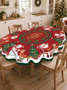 1pc Merry Christmas Santa Claus Snowman Round Tablecloth, Holiday Red Polyester Tablecloth, Printed With Reindeer, Christmas Tree, Holly And Gift Patterns, Reusable, Suitable For Kitchen, Holiday Party, Banquet And Home Decor - Multicolor - View 18