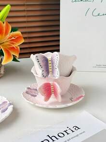 Hand-Painted 3D Butterfly Ceramic Tea Cup And Saucer Set, Butterfly Spoon, Embossed Pink Coffee Cup, Elegant Afternoon Tea Tableware, Home Cafe Decor, Birthday Gift, Housewarming Gift - Multicolor - View 2