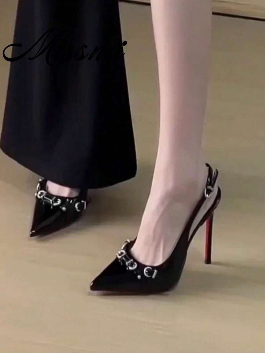 法式尖頭高跟女鞋,舒適黑色優雅包頭涼鞋,性感紅底亮眼鞋款 - 黑色 - 查看 1