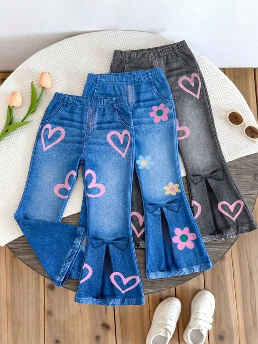 Celana Flare Kasual Harian Motif Hati dengan Kantong untuk Anak Perempuan Remaja - MultiWarna - View 1