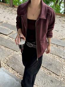 Women's Autumn Jacket, Vintage Suede Material, Vacation & Commute, Loose Collegiate Style, Casual Short Motorcycle Jacket - Burgundy - View 7
