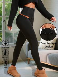 1pc Black High Waist Front Button Waist Zipper Warm Lined Sports Leggings - Black - View 2