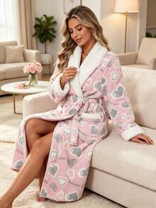 1pc Women's Autumn/Winter New Heart Print Robe, Lapel Trim Robe, Tie Waist Bathrobe, Pocket Home Robe, Contrast Color Lamb Fleece Collar Robe, Long Sleeve Long Robe, Grey Heart Robe, Pink Heart Robe, Soft Cotton Fleece Robe - Pink Heart Print Robe - View 3