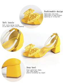 Women's Pearl Chain Bow Decor Satin White 5cm Chunky Heel Sandals, Versatile For Multiple Occasions, Summer - Yellow - View 10