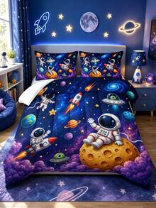 3pcs Space Astronaut Pattern Bedding Set Quilt And Pillowcases 3 Pieces Set - Soft, Comfortable And Breathable Bedding, 200g Quilted Filling, Includes 1 Quilt And 2 Pillowcases (Pillow Inserts Not Included) - Perfect Choice For Home Or Dorm - Multicolor - View 1