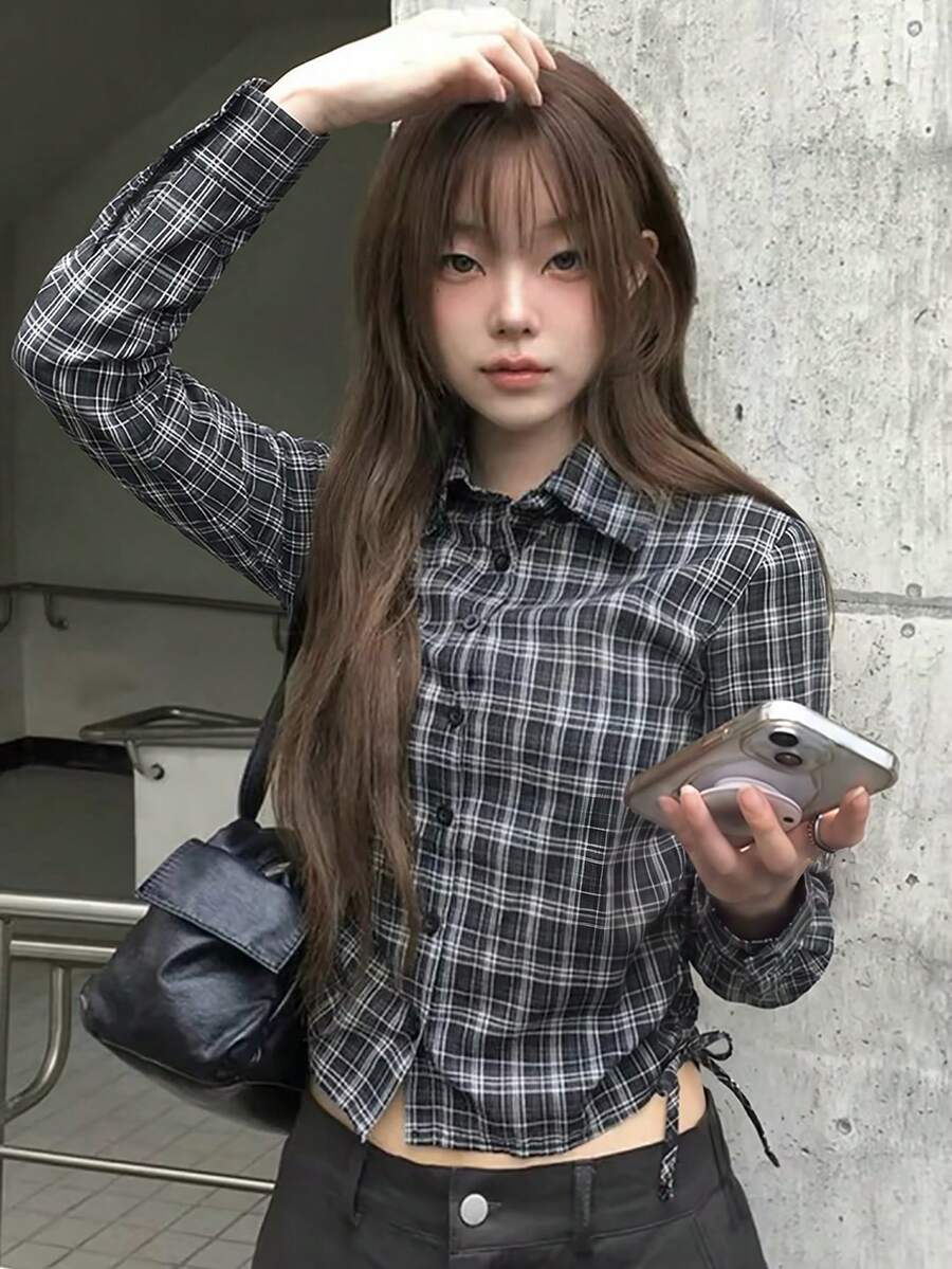 韓式秋季新款百搭設計抽繩格紋短袖襯衫上衣女款 - 黑色格紋 - 查看 1