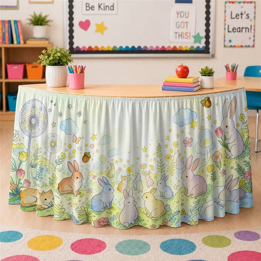 Cute Bunny Rabbit Table Skirt, Pastel Spring Garden Animal Theme Table Cover With Woodland Rabbit Flowers Butterfly Stars Pattern, Kids Classroom Decoration Polyester Table Skirt For Preschool Learning Room Birthday Party Home Decor - A - View 1